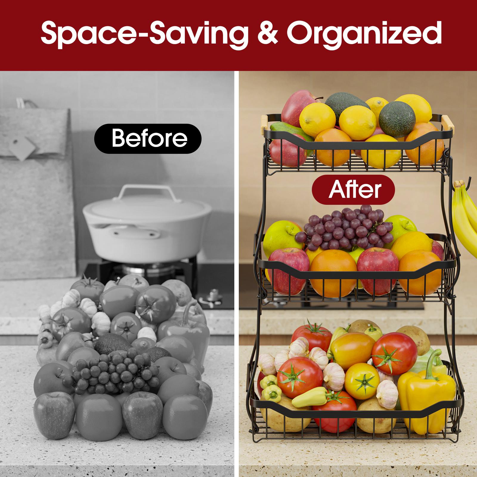 2/3 Tier Square Fruit Basket Stand, Durable Metal Countertop Fruit and Vegetable Basket Organizer with Space Saving Stackable Design, Large Capacity Storage for Fruits, Snacks, Bread and Produce, Stylish Kitchen Counter Organizer for Home