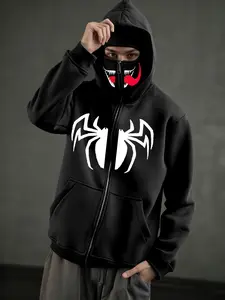 Men's Halloween Devil Tongue Spider Pattern Hooded Zipper Jacket, Street Style Sweatshirt, Fall & Winter Comfortable Fashion
