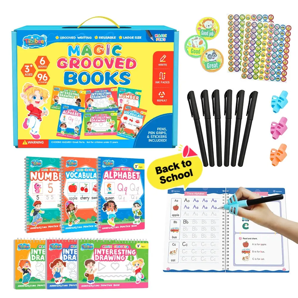 [BackToSchool] TIBIBEE Reusable Magic Groove Handwriting Workbook Set (6 Books) - School Supplies Haul for 3+ Years Early Learners, Deep Tracing for Letters-Numbers-Math-Art for Kids, Disappearing Ink Pens-Grips, Reusable Pages School/Educational Gift, Pr