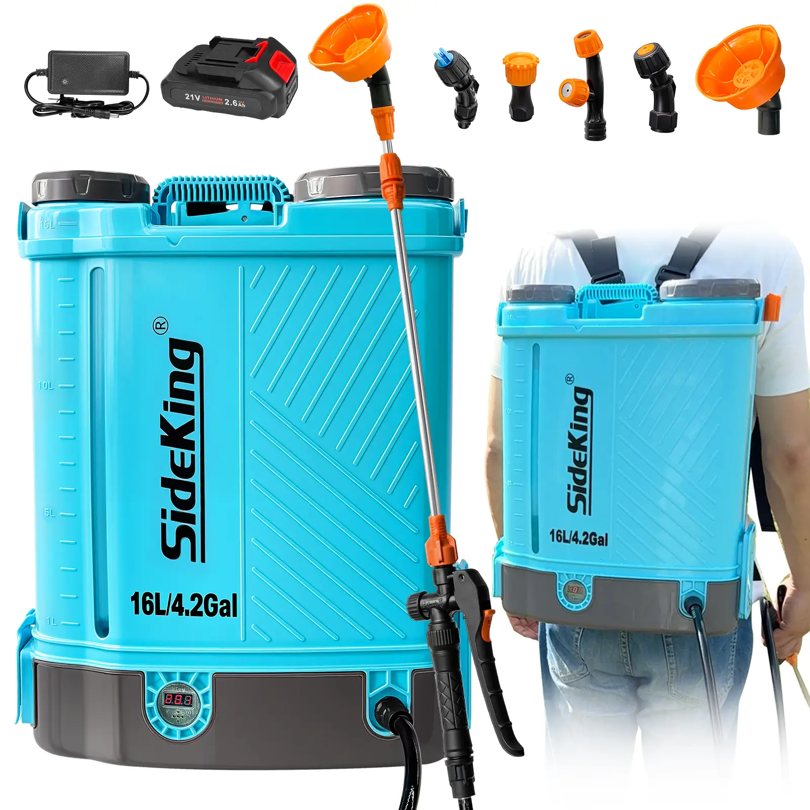 SideKing 4 Gallon 0-100 PSI Adjustable Pressure Sprayer Compatible with Makita 18V Battery Electric Sprayer with Wand 5 Nozzles 2.6Ah Battery Charger