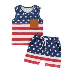 4th of July Baby Boy Outfit Stripes & Stars Print Vest Top and Drawstring Shorts 2 Piece July Fourth Clothes Set