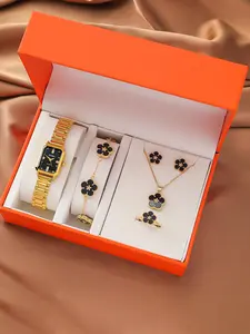 6pcs/set Vintage Elegant Jewelry Set with Clover Elements, Includes Watch Necklace Bracelet Earrings Ring for Daily Wear, Fashionable Jewelry Set