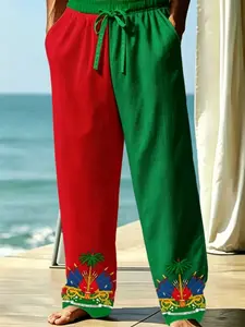 Men's Holiday Linen Pants, Ethnic Pattern Long Regular Fit, Loose-Fitting Beach Elastic Waist, Spring Summer Casual Male Bottoms