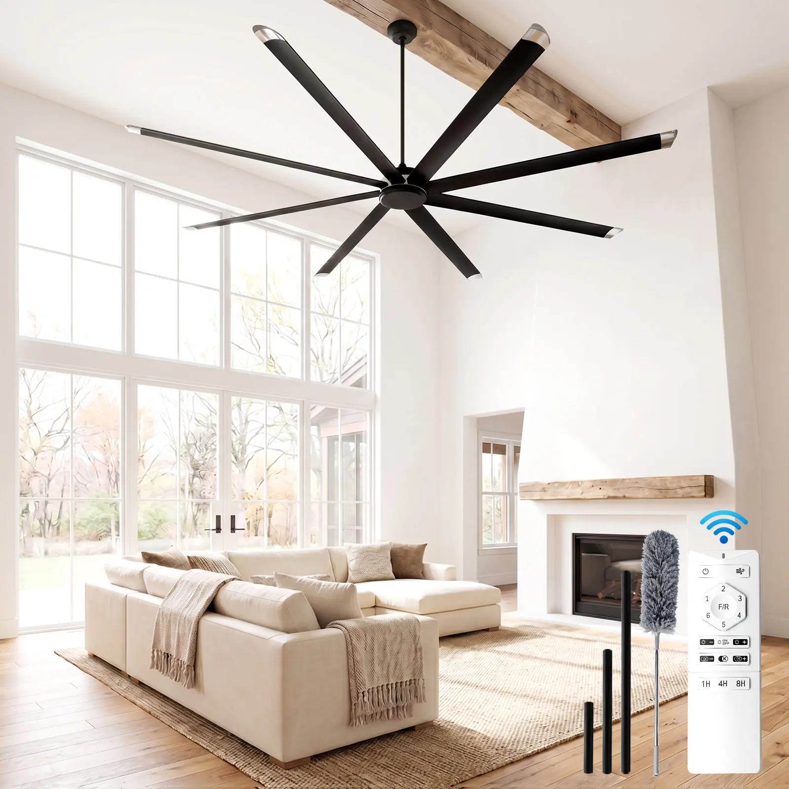 120 Inch Industrial Ceiling Fan, Commercial Ceiling Fans ETL Listed DC Motor Quiet, 6-Speed Remote Control, 8 Aluminum Blades Reversible for Shop Garage Gym Big Room