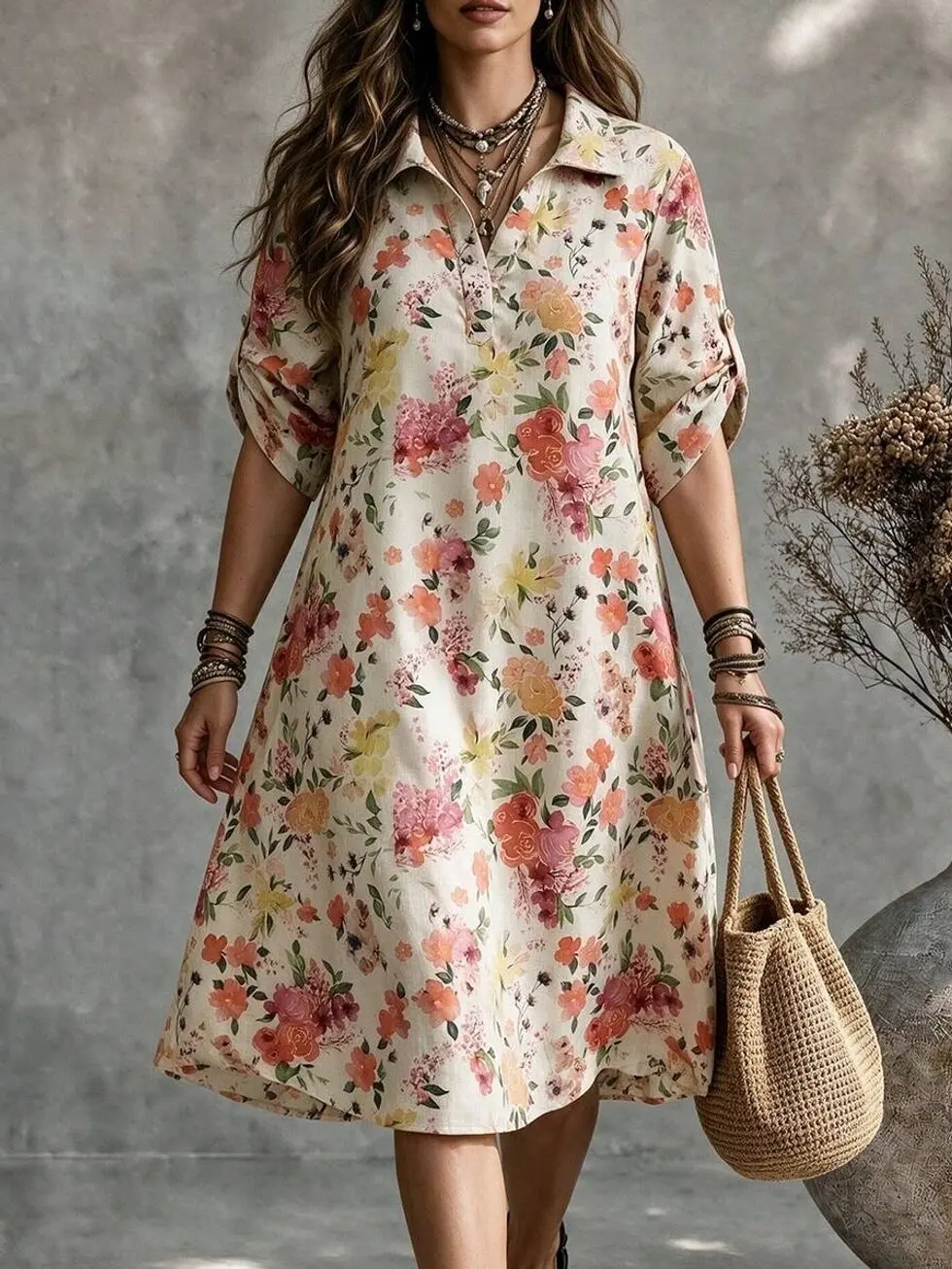 Tall CURVE Plus Size Women's French Casual Summer Short Sleeve V-Neck Tall Dress