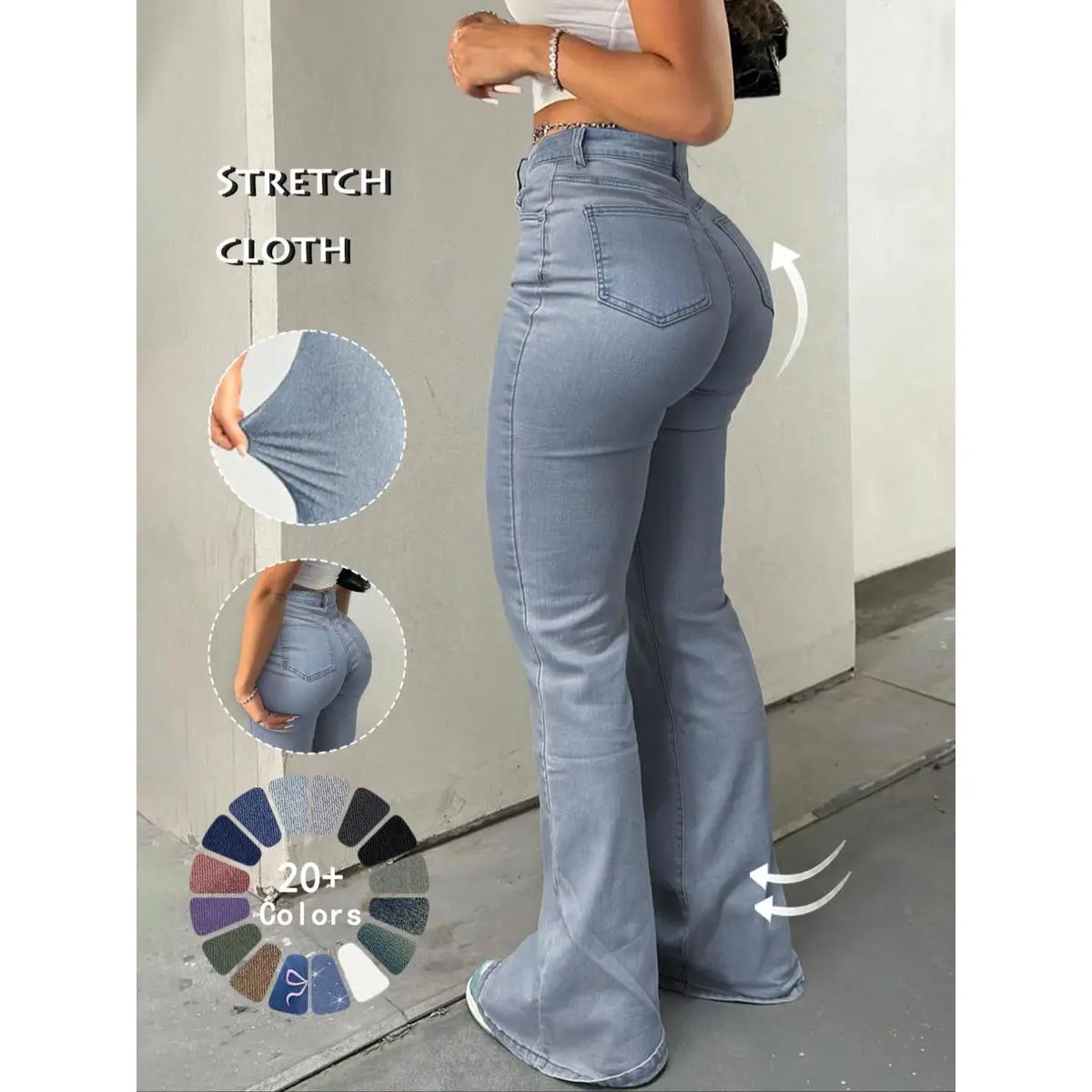 Women's High Waist Flare Leg Jeans, Casual Button Fly Pocket Design Bell Bottom Denim, Women's Bottoms for Daily Wear, Kardashian Style, 000 Jeans, Fashionable And Versatile Women's Jeans, Suitable For Spring, Summer, Autumn And Winter, Tchic