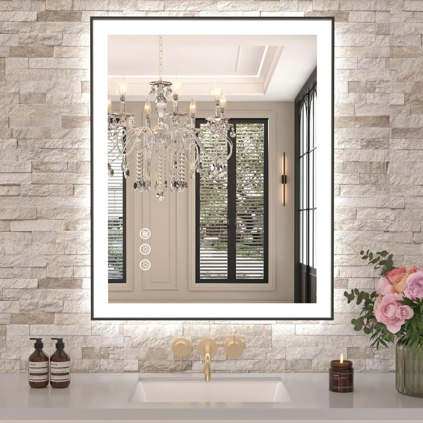 A3-2 Black Frame LED Bathroom Mirror, 24"x32" Tempered Shatter-Proof Glass, IP65 Rated, Separately Controlled Front & Back Lights, Stepless Dimmer, Anti-Fog, 3-Color Lighting, Memory Function