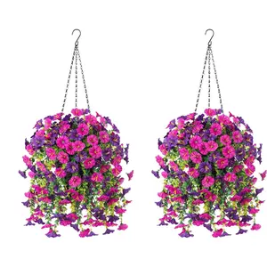 Artificial Hanging Flower Basket, 4 Bouquets Hanging Basket with Flowers, Decorative Flowers for Home Wall, Home Decor, Decorative Flower Arrangement
