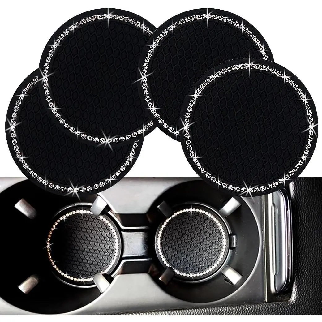 4 count Bling  Cup Coaster, 2.75 Inch Anti Slip Shockproof Embedded Drink Mat,  Automotive Interior Accessories Mat, Universal for , , RVs and More (Black)