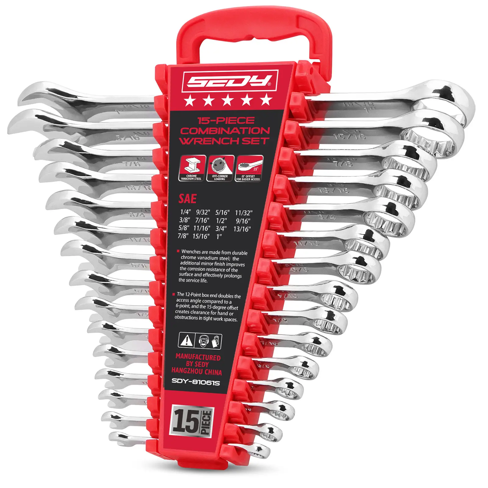 15-Piece SAE Combination Wrench Set, 1/4''–1'' 12-Point Open End and Box End Wrench Kit with Organizer, Chrome Vanadium Steel Tools for Mechanics, Garages and Workshops
