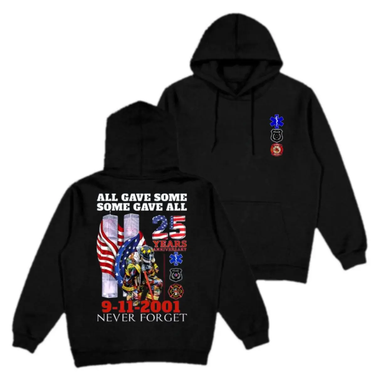 9/11 Memorial Graphic T Shirt Sweatshirt Hoodie, Patriotic 25th Anniversary First Responder Tribute, Unisex Sweater Pullover Tee