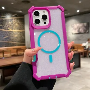 Soft Silicone Bumper Magnetic Wireless Charging Case For iPhone 17 16 15 14 13 12 11 Pro Max Plus Glitter Clear Shockproof Cover