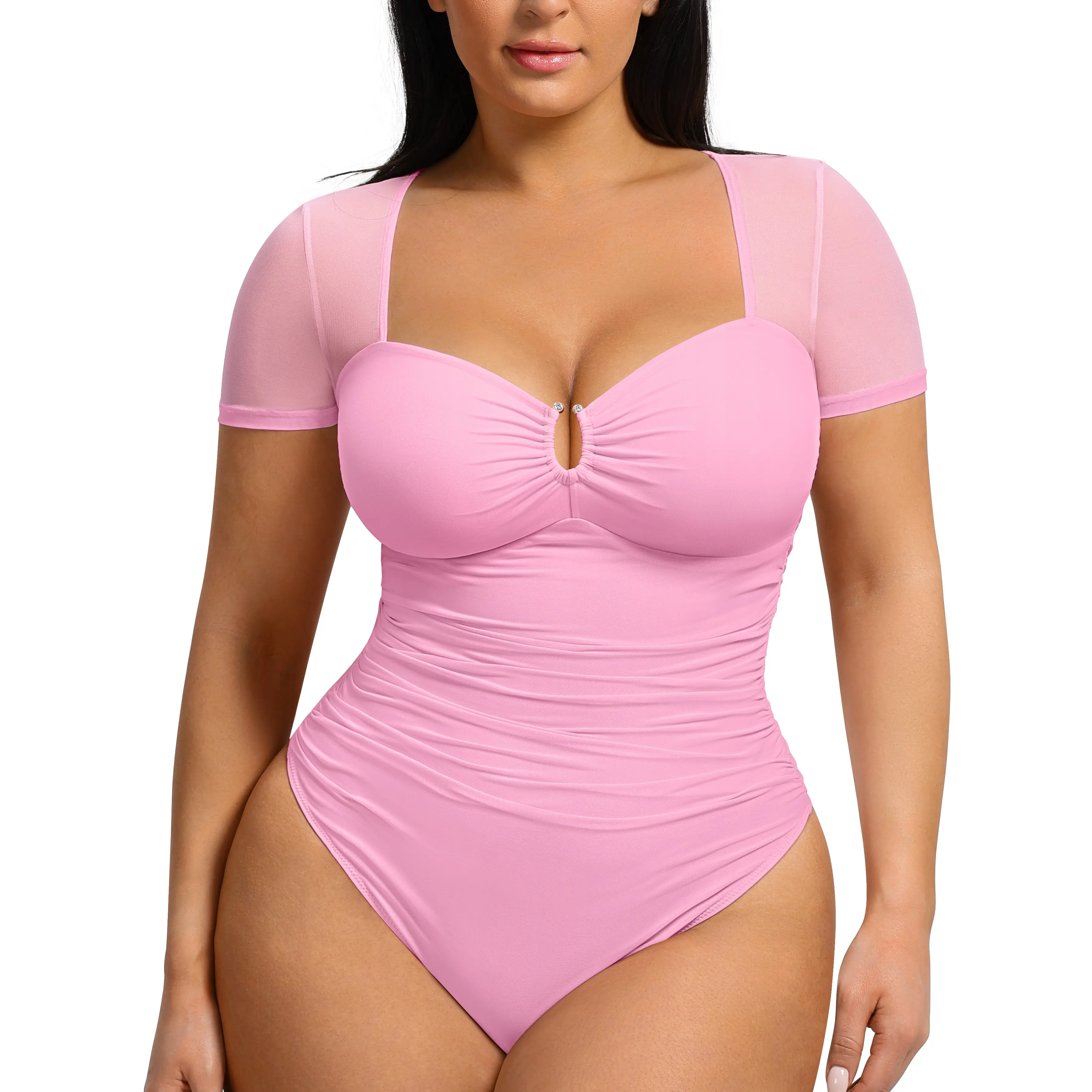 FeelinGirl Women Short Sleeve Bodysuit Tummy Control Shapewear Mesh Ruched One Piece Leotard Shirts Going Out Tops FeelinGirl Women Short Sleeve Bodysuit Tummy Control Shapewear Mesh Ruched One Piece Leotard Shirts Going Out Tops