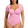 FeelinGirl Women Short Sleeve Bodysuit Tummy Control Shapewear Mesh Ruched One Piece Leotard Shirts Going Out Tops