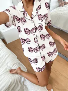 Women's Leopard Bow All-Over Printed Short Sleeve Shorts Set, Casual Loose Fit Home Wear Two-Piece Sleepwear, Comfortable Tiktok Trend