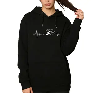 Long Sleeve Hoodie for Surf Lovers – Big Wave Heartbeat Surfboard Graphic, Unisex Style