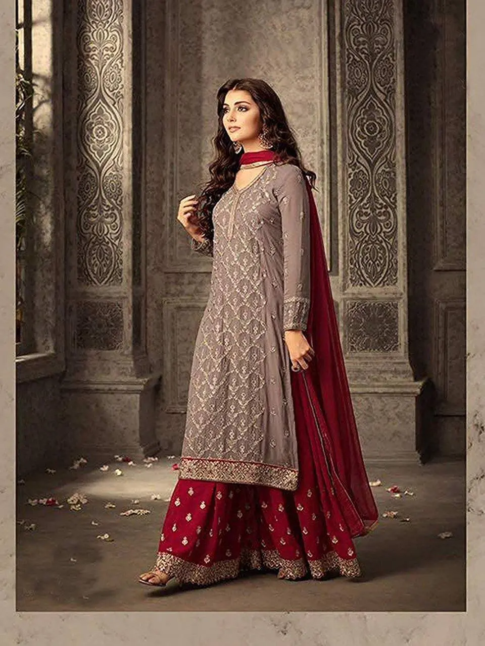 Luxury Palazzo Suit Set for Women, Semi-Stitched Georgette with Matching Embroidery & Stone Work, 3-Piece Garment Sizes S-4XL
