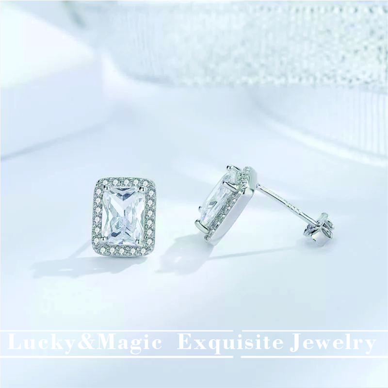 Women's S925 Sterling Silver Geometric Princess Square Stud Earrings - Korean Light Luxury Full Cubic Zirconia Emerald Sugar Cube Fine Jewelry, Elegant Lucky & Magic Romantic Gifts for Girlfriend