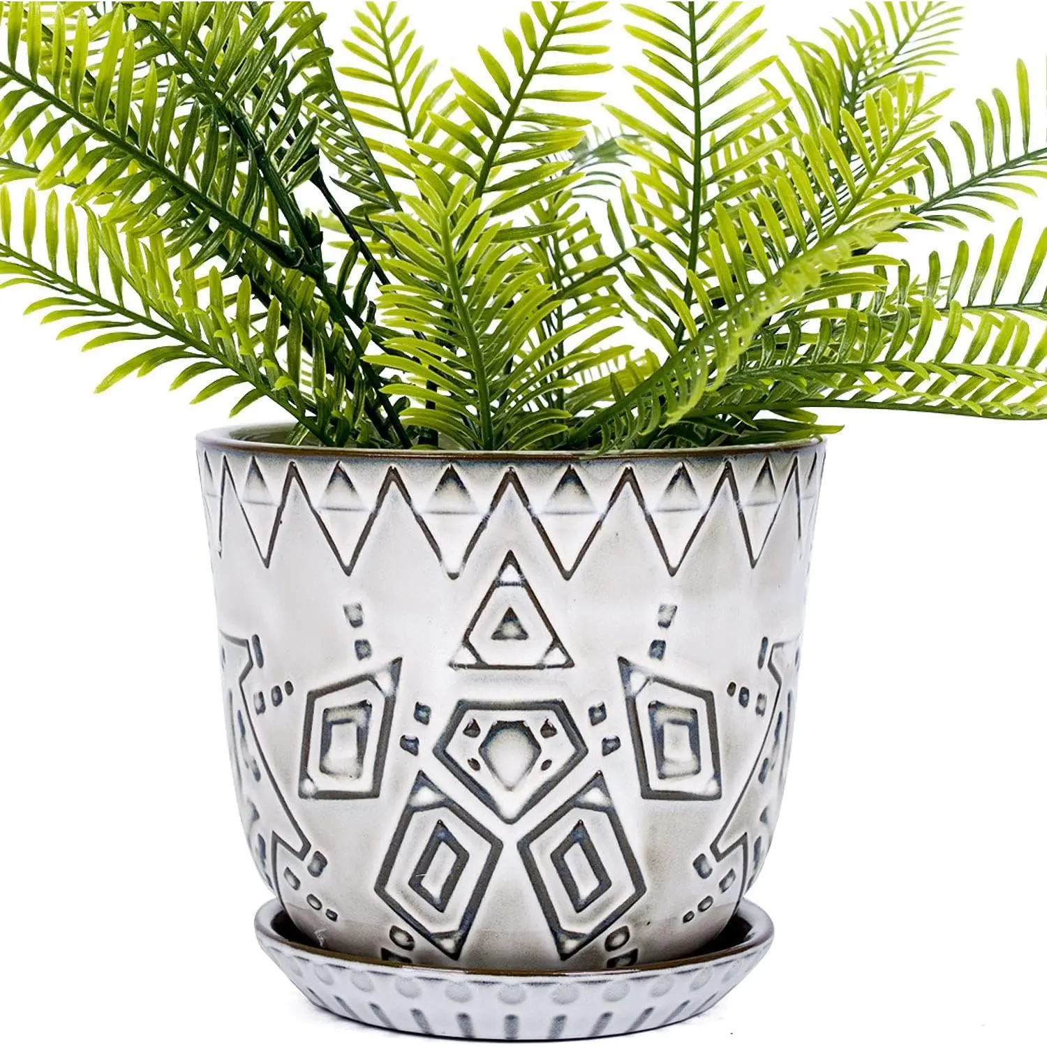 5.9 inch Round Bohemian Style Ceramic Planter, Geometry Engrave  Brown Succulent Planter Flower Pot, Indoor Outdoor Decorative Planter