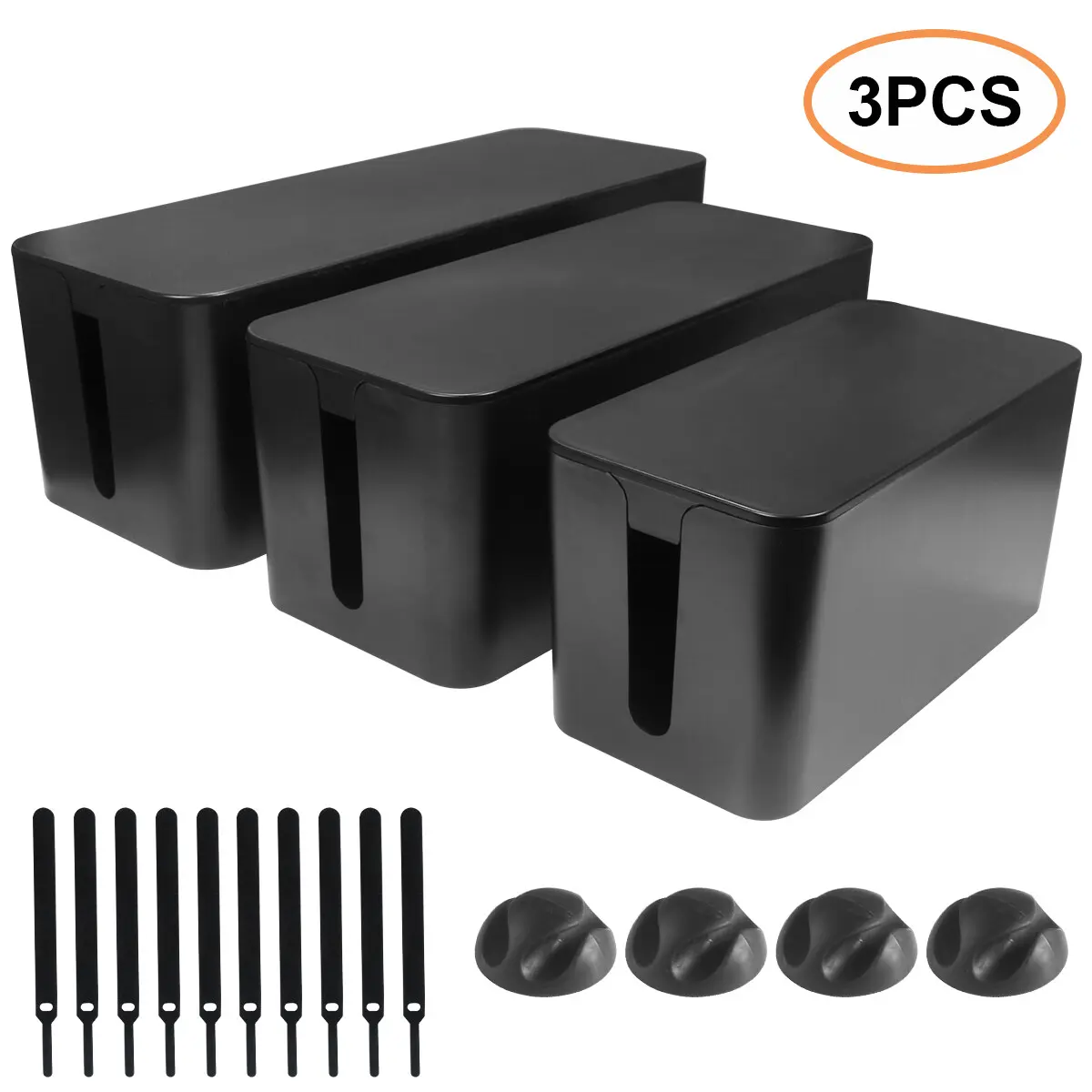 3Pcs Cable Management Box Cable Organizer Box Wires Power Strips Hide Box Black