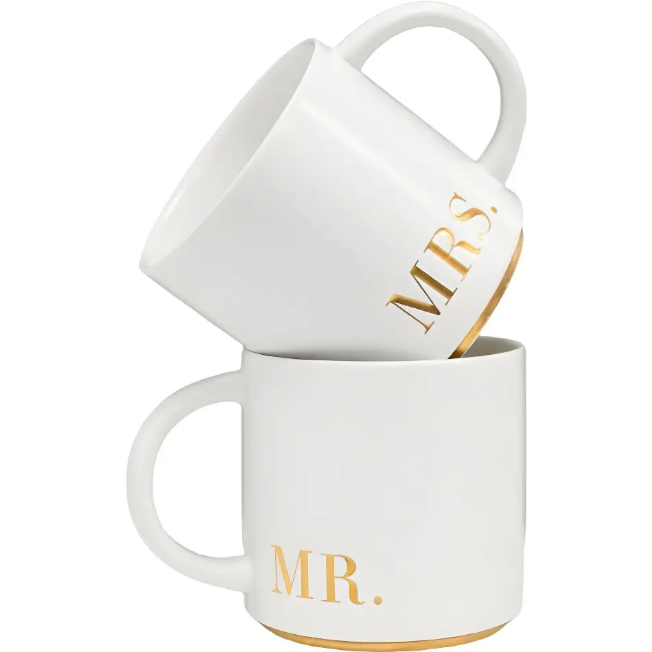 Mr. & Mrs. 2-Piece 15oz Ceramic Mug Set, Premium Kitchen Tea & Coffee Drinkware, Gold-Accented Luxury Wedding Anniversary Gift for Couples, Home Decor