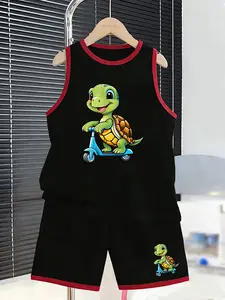Summer Boys' Sporty Set, Tank Top and Shorts, Turtle Cartoon Print, Loose-Fitting, Fun and Energetic Two-Piece