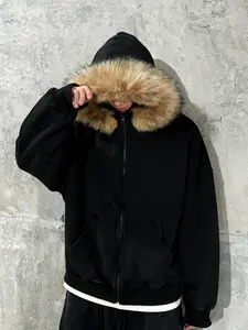 Men's Faux Fur Hooded Zipper Jacket, Street Fashion Windbreaker, Warm Trendy Design, Simple Streetwear, Daily Wear, Fall & Winter, Coats