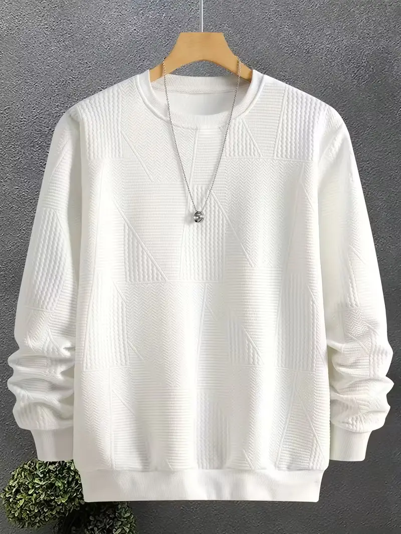 Men’s Textured Solid White Sweatshirt – Casual Crew Neck Pullover with 3D Geometric Pattern, Soft Lightweight Long Sleeve Top for Fall & Winter Streetwear, Minimalist Fashion Style