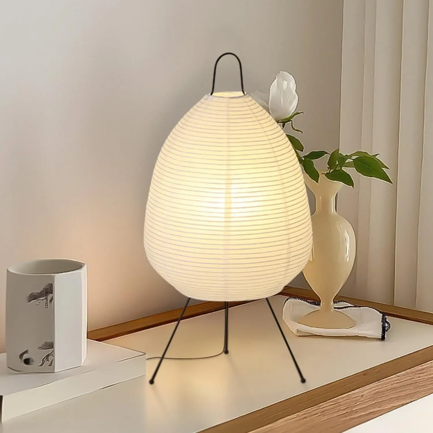 Rice Paper Lamp, Japane Paper Lantern for Bedroom/Table/Office Soft Light, Noguchi Lamp for Wabi-Sabi Decor, Paper Table Lamp with Bulb