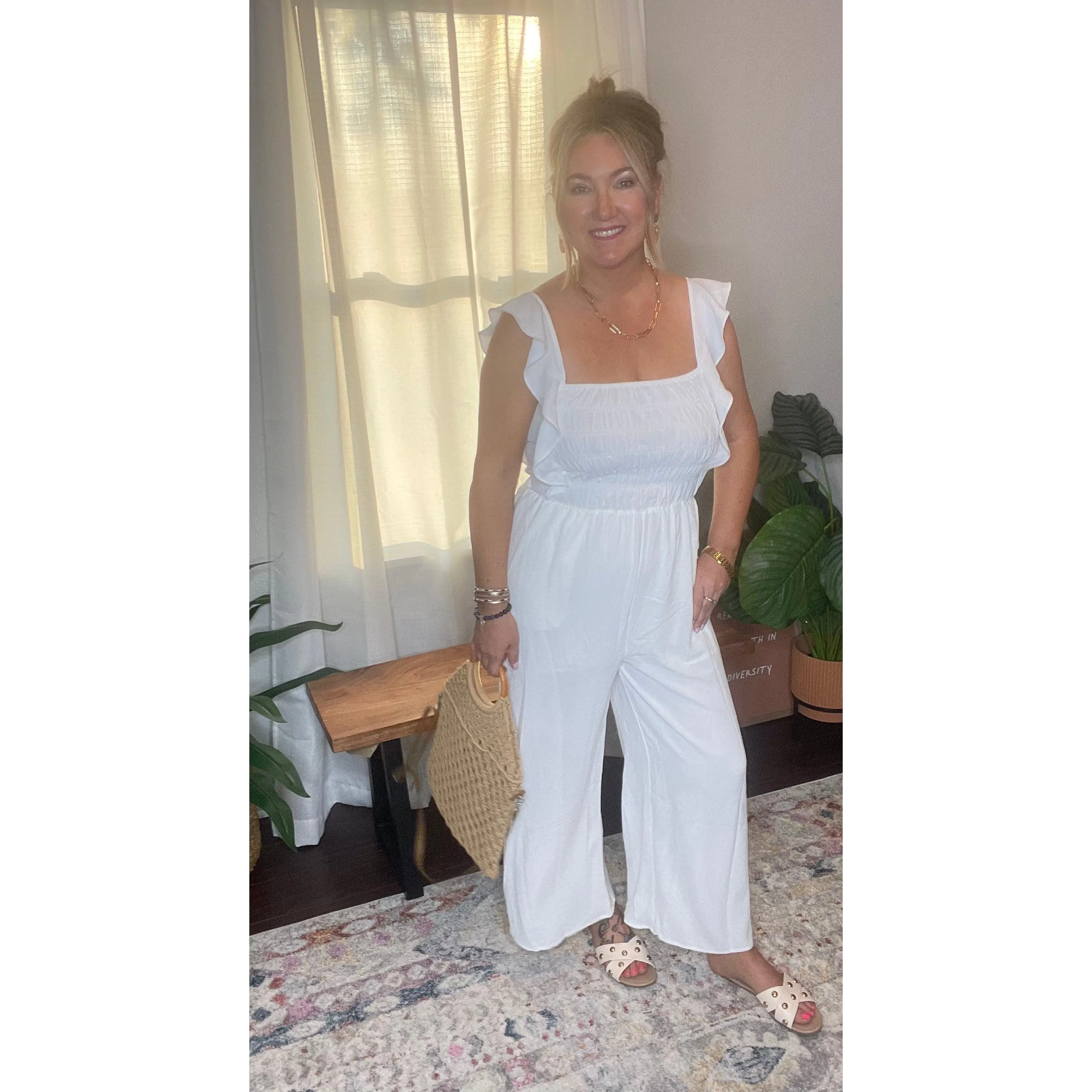 SOLID SMOCKED WIDE LEG CROP JUMPSUIT
