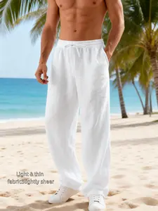 Men's Linen Straight Leg Casual Pocket Pants, Elastic Waist Drawstring Long Pants, Lightweight Breathable Beach Shorts for Ocean Vacation & Home Wear