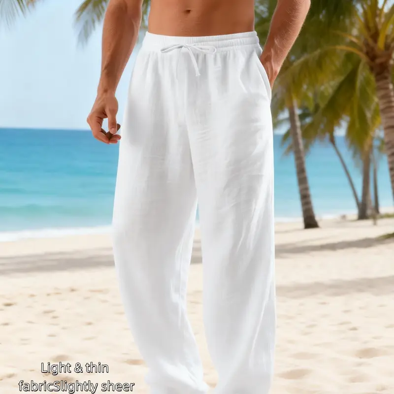 Men's Linen Straight Leg Casual Pocket Pants, Elastic Waist Drawstring Waisted Long Pants, Lightweight Breathable Beach Shorts for Ocean Vacation & Home Wear, Casual Wear Bottoms