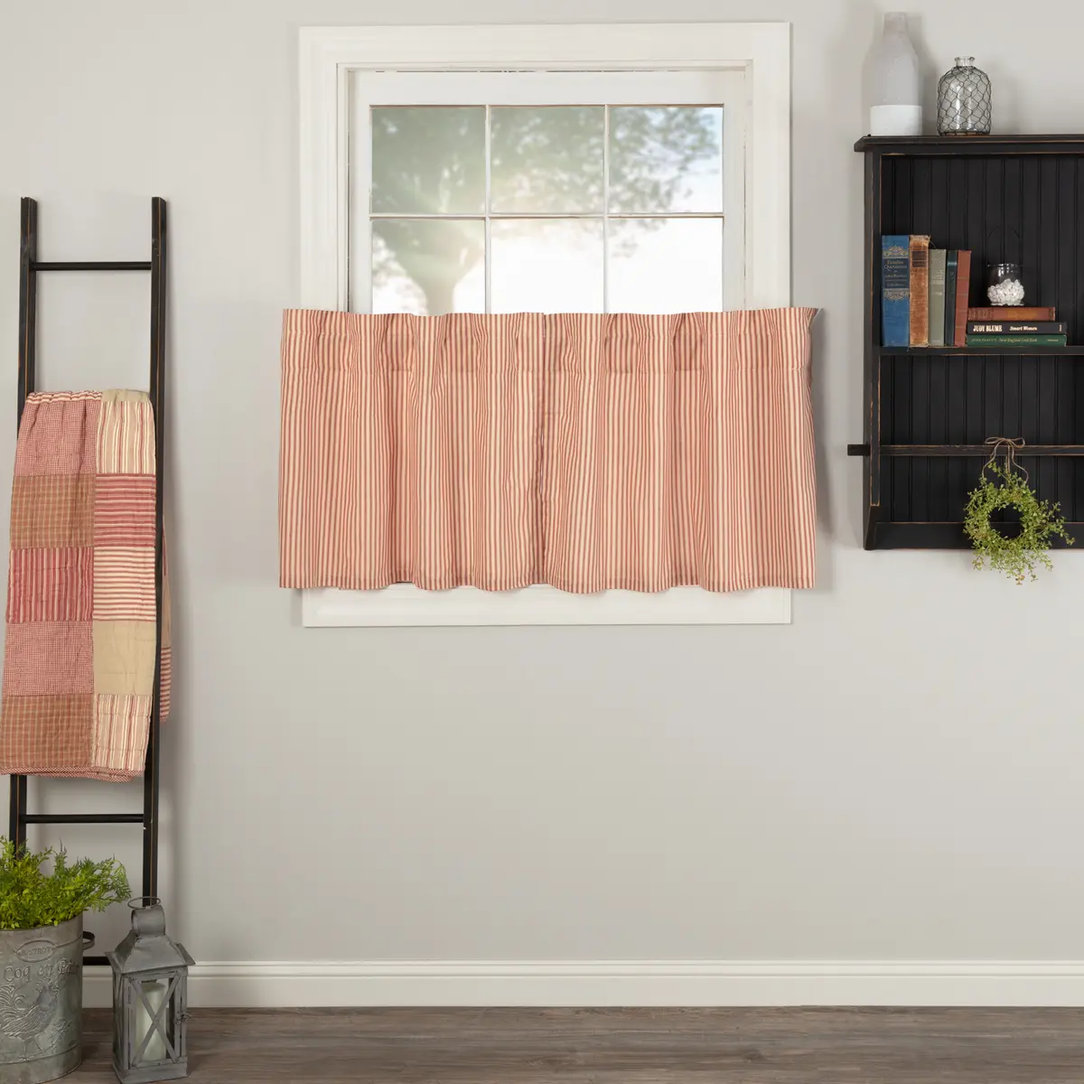 Farmstead Red and Tan Ticking Stripe Tier Curtains 24"
