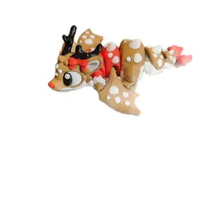 3D Printed Reindeer Dragon Ornament with Festive Bow and Mushroom Accents for Holiday Decor