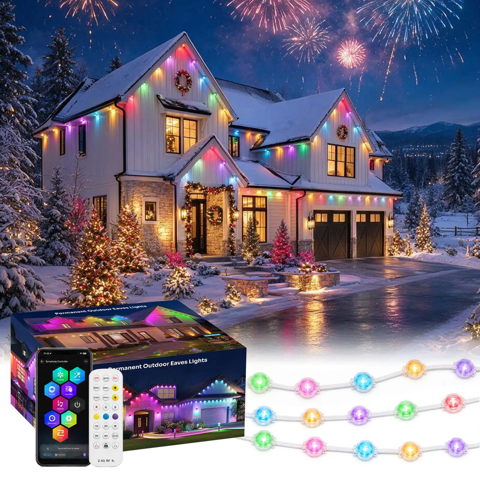 DEMILARE Permanent Outdoor Lights for House, 50FT-300FT IP67 Waterproof RGBIC & RGBCW IC LED Eave Lights, Bluetooth APP & 2.4G Remote, Alexa & Google Assistant, Music Sync, Scene Modes for Holiday Decor, Adjustable Leds, Decoration, Smart Led Light