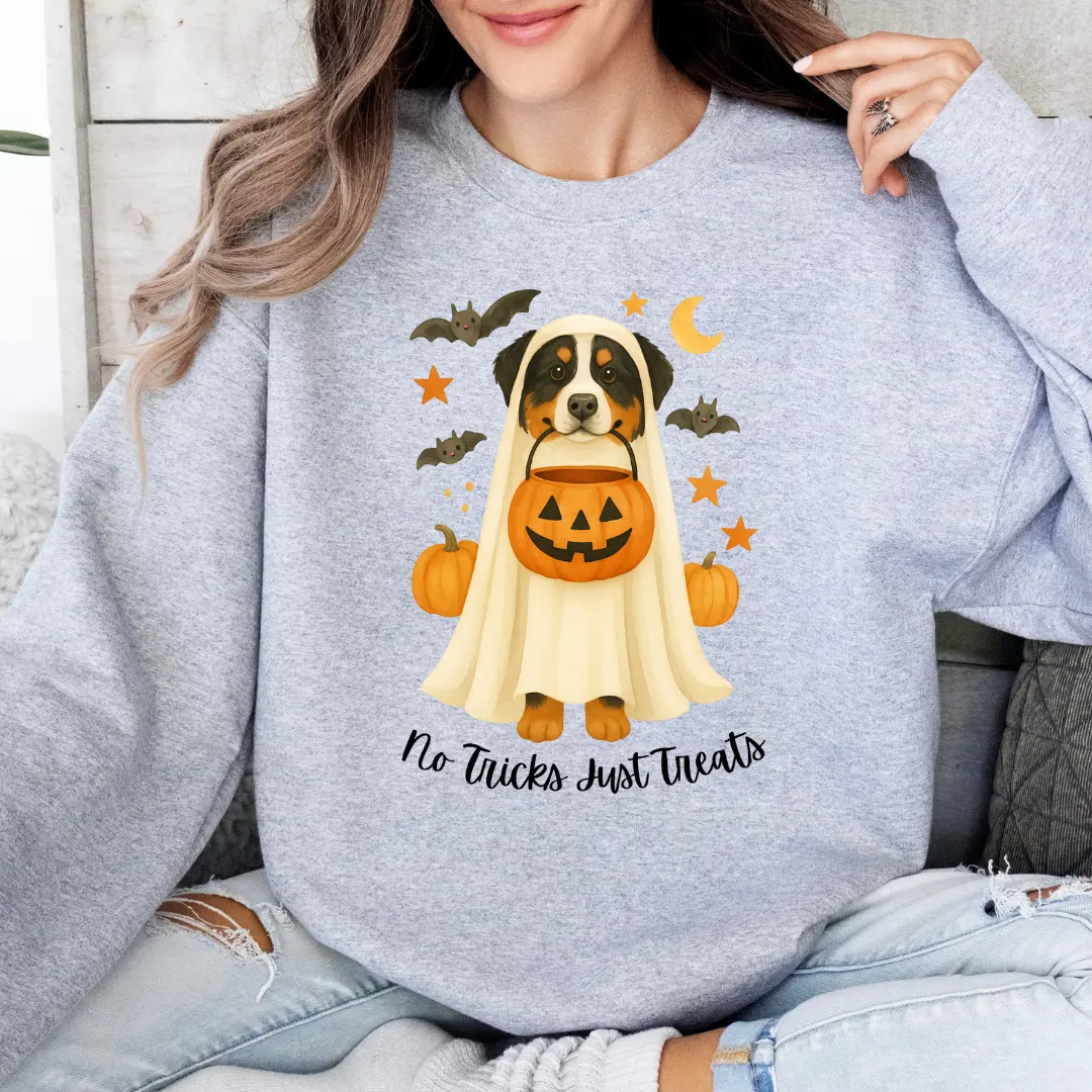 Bernese No Tricks Just Treats Crewneck - Unisex Apparel Relaxed Fit Printed In The USA Clothing Womenswear Casual Comfort Cotton Top Athletic Boho Chic