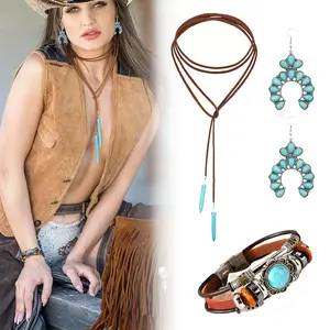 4pcs Women's Bohemian Jewelry Set - Turquoise & Brown Long Choker Necklace, Layered Bracelet & Dangle Earrings with Cord & Turquoise Beads - Boho Western Style Statement Jewelry for Everyday or Special Occasions- Perfect for Festivals, Parties, Daily Wear