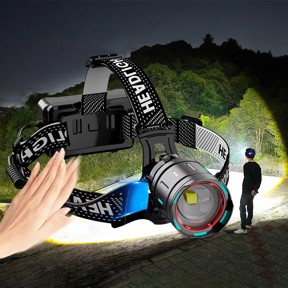 Rechargeable Headlamp, Strong Light Zoom Headlamp with Infrared Sensor, Multi-functional Outdoor Emergency Headlamp, Household Lighting Headlight