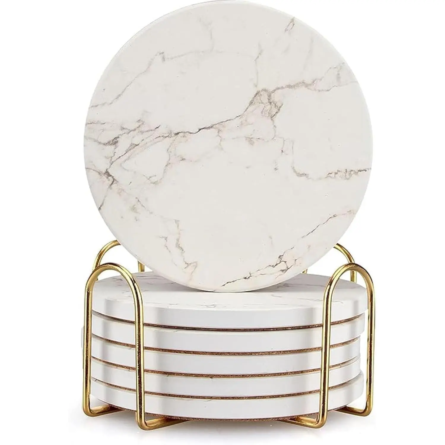 6 Pack White Marble Coaster Set with Holder Absorbent Drink Coasters Ceramic Cute Coaster Bar Dining Coffee Table Accessories Decor  Funny Cup Stone Modern Costers Cool Desk  Cork Coasters