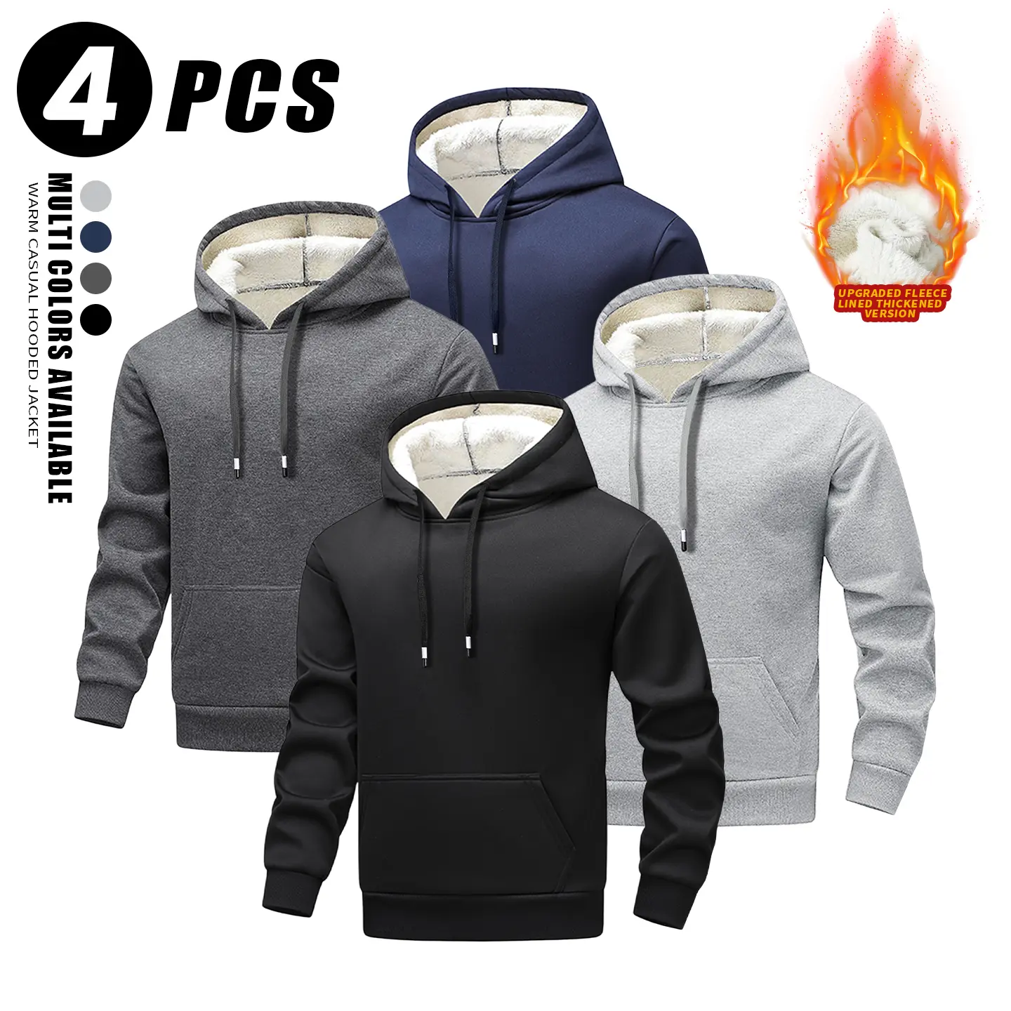 Men's Hoodie, 4 Pack Plain Athletic Sherpa Fleece Lined Pullover, Thick Warm Winter Menswear Top with Long Sleeves & Kangaroo Pocket