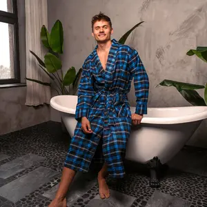 Norty Mens Plaid and Solid Cotton Polyester Blend Winter Flannel Bathrobe 41860 Sizes S to XXL