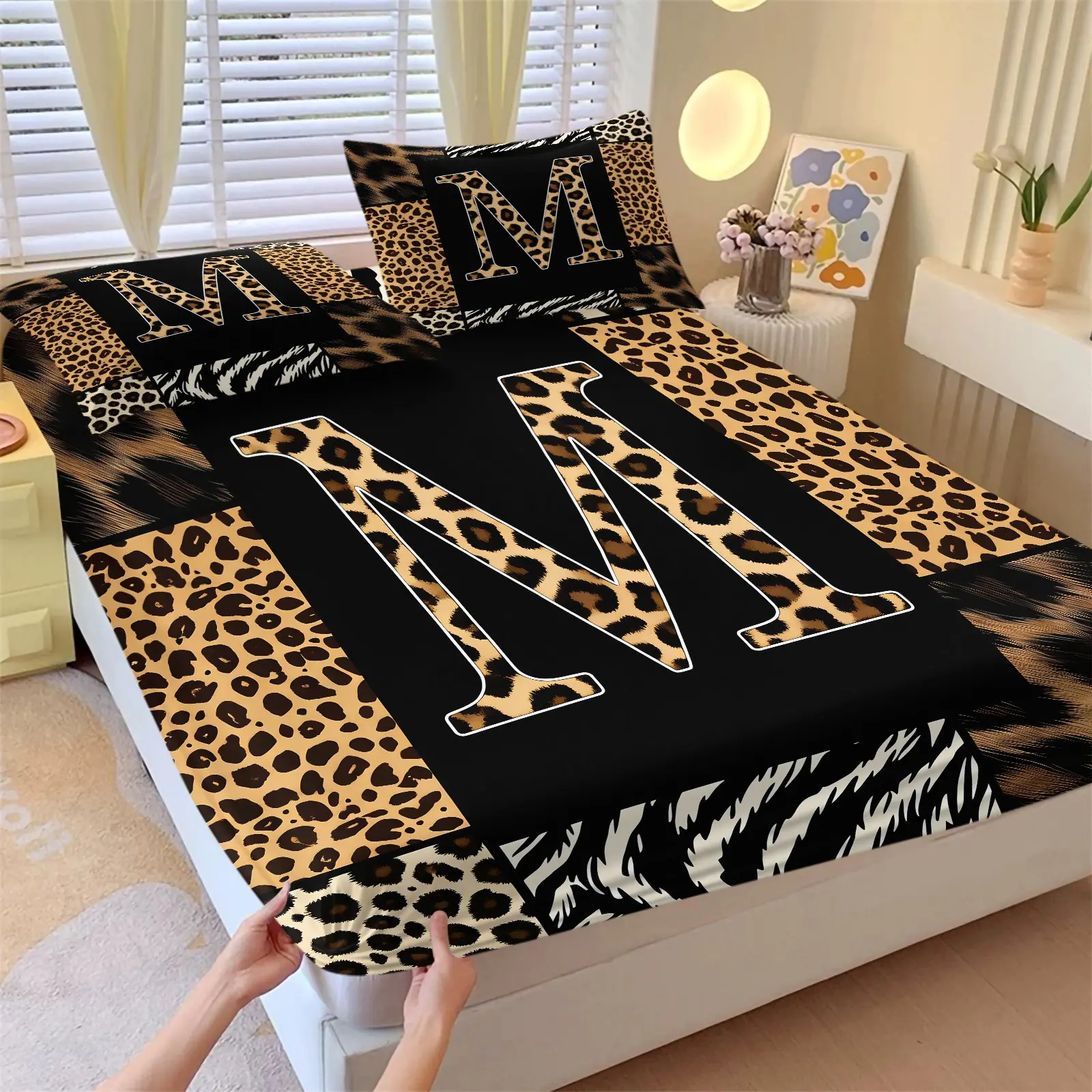 Personalized Leopard Print Initial Fitted Sheet Set, 1/2 Pillowcases Custom Black Animal Print Bedding, Soft Microfiber Bed Linen for Women Teens, All Season Bedroom Decor, Custom Name Gift, Leopard Print Sheets, Leopard Pattern Bedding