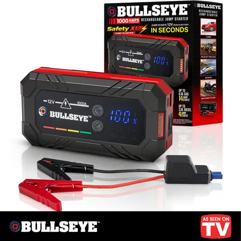Bullseye SafetyXL 1000A Jump Starter – 12V Portable Car Battery Booster Pack with Smart Jumper Cables, USB Power Bank, LED Flashlight for Cars, Trucks, SUVs, Motorcycles