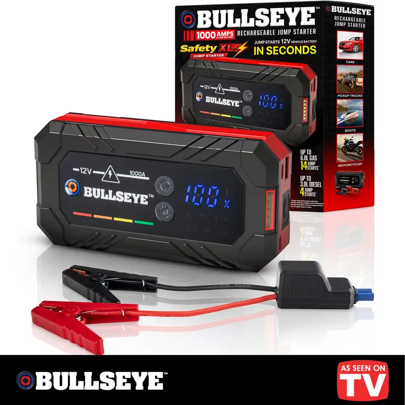Bullseye SafetyXL 1000A Jump Starter – 12V Portable Car Battery Booster Pack with Smart Jumper Cables, USB Power Bank, LED Flashlight for Cars, Trucks, SUVs, Motorcycles