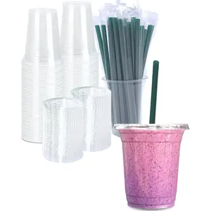 12 oz Clear Plastic Cups with  and STRAWS, Disposable Drinking Cups for Cold Drinks, Iced Coffee, Milkshakes, Smoothies, 25 Sets