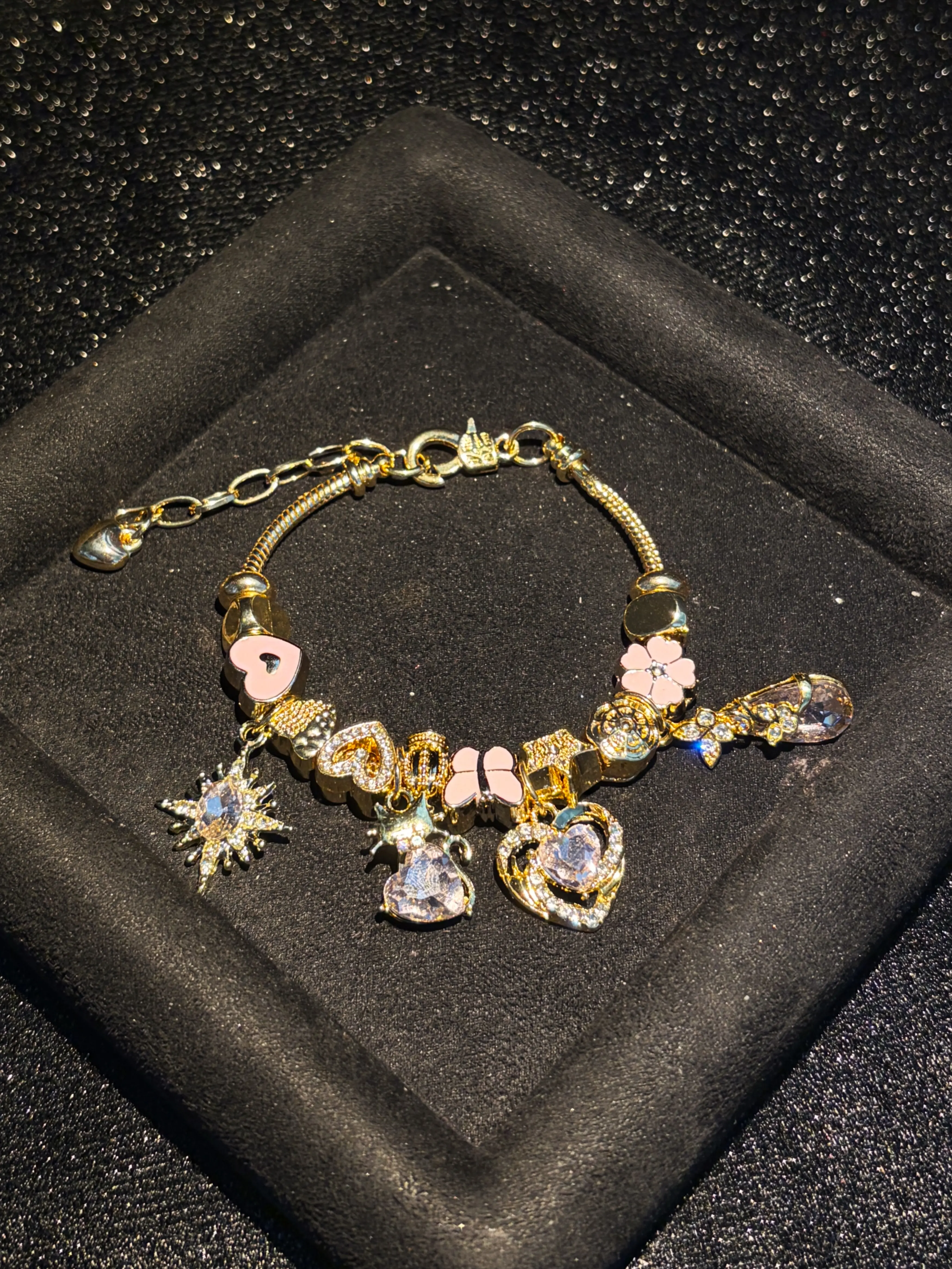 Women's Gold-Tone Charm Bracelet - Sparkling Pink Heart, Crystal, Butterfly, Sun, Star, Flower Enamel Charms on Snake Chain - Fashion Costume Jewelry Gift