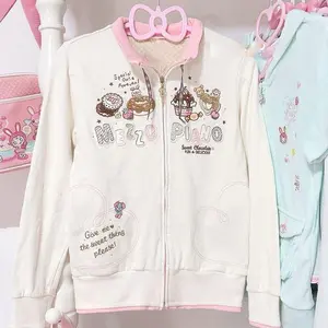 Autumn Japanese Letter Print Long Sleeve Coat Women's Sweet Kawaii Zipper Loose Patchwork Cardigan Casual Lovely Thin Clothing