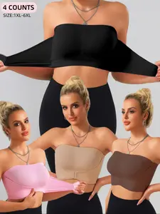 【Plus Size】 Solid Color Push Up Strapless Bra, No Padding,Women's Comfortable Breathable Soft Bra,Front Chest Buckles Design,Women's Lingerie for All Seasons,Ladies Knitted Stretch Underwear For Daily Wear or any Occasion