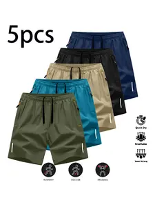 Men's Lightweight Quick-Dry Breathable Shorts, Casual Athletic Shorts, Casual Sportswear Anti-Wrinkle Plain Reflective Striped Gym Training Essentials, Pack of 5