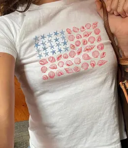 USA Coastal Shell Baby Tee, Patriotic Beach Lover Baby Tee, Seashell American Flag Y2K Tee, Anniversary 4th of July 90s Tee, 250 Years Shirt